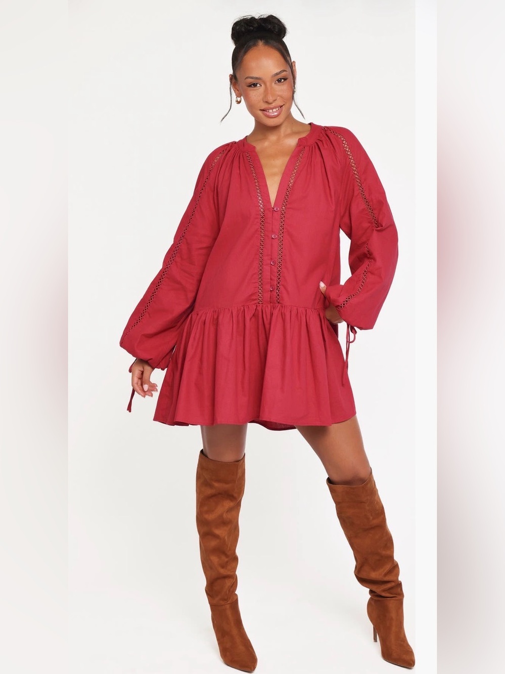 Petal & Pup $99 (current) Heart Long Sleeve cotton linen Red Peasant Dres